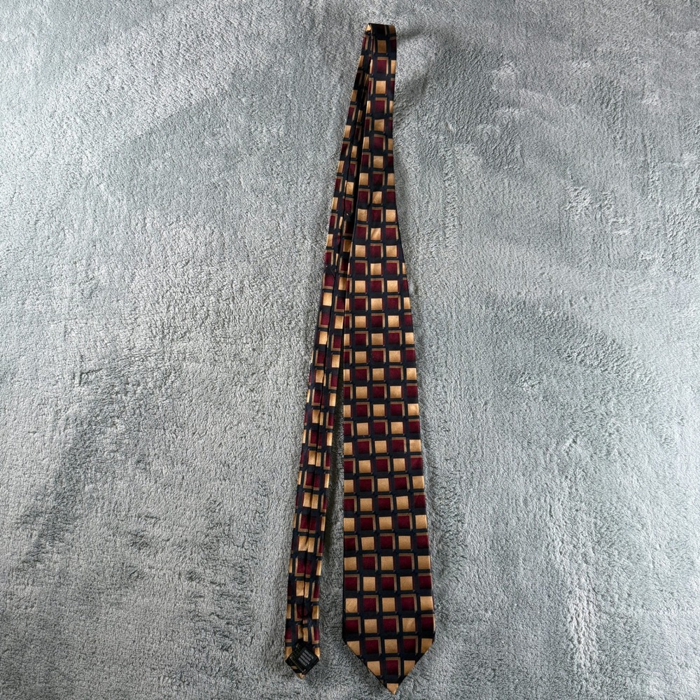 Duomo Milano Silk Tie Mens Gold Burgundy Navy‎ Blue Geometric Square Handmade